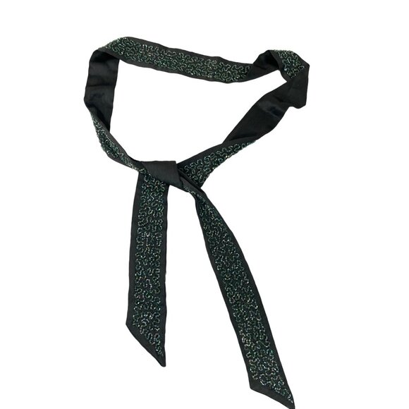 Handcrafted Black & Green Beaded Silk Scarf A535 - Picture 1 of 5